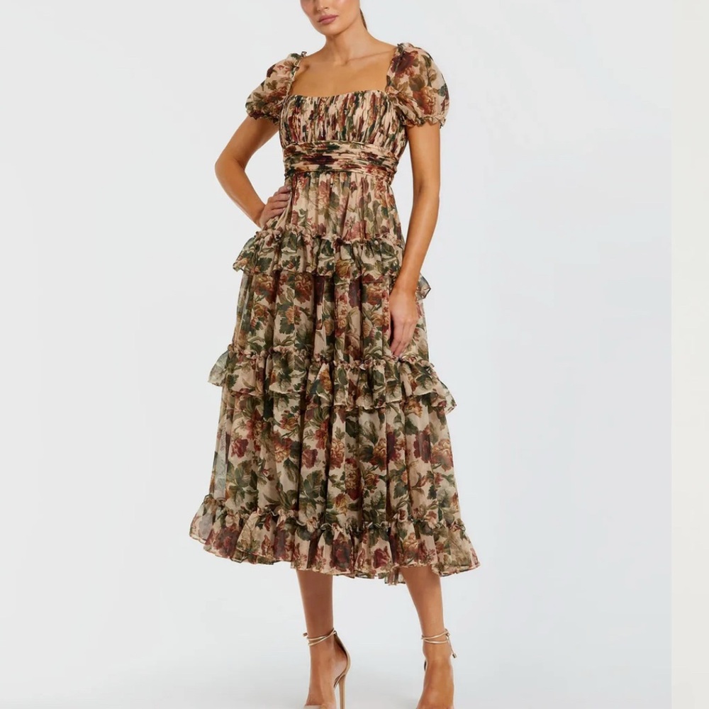 Mac Duggal Chiffon Ruffle A Line Midi Dress Puff Sleeves size 6
